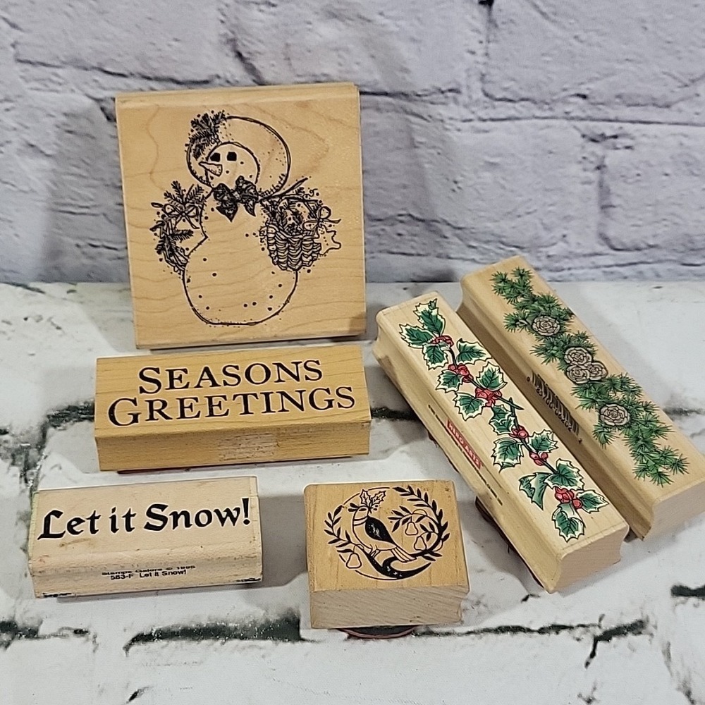 Christmas Rubber Stamps Lot Of 6 Snowman Holly Borders Let It Snow Partridge